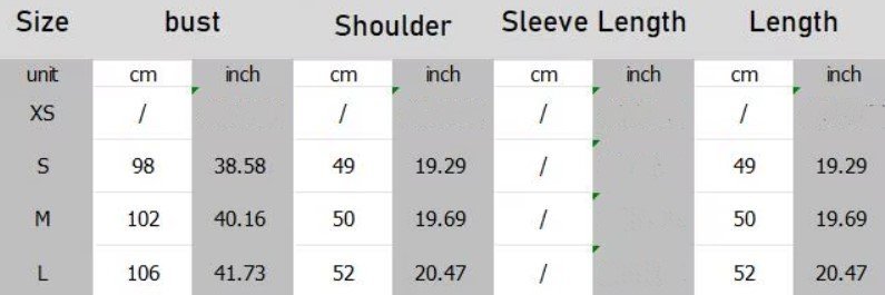 size chart of colorful sleeveless sweater