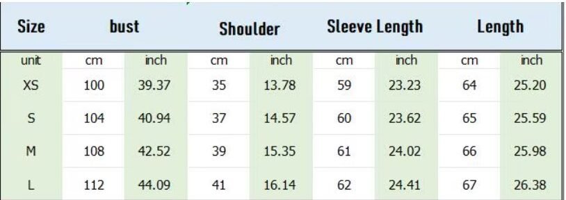 size chart of colorful spring blouse