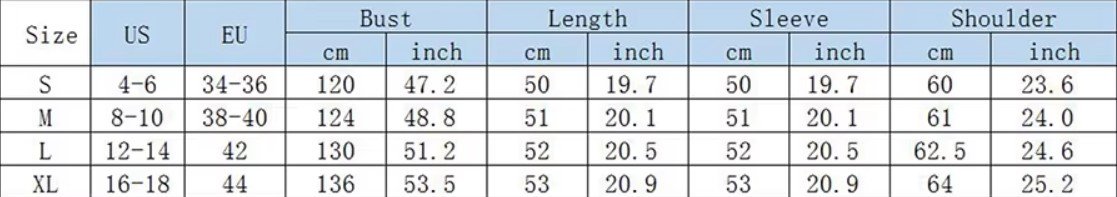 size chart of colorful spring cardigan