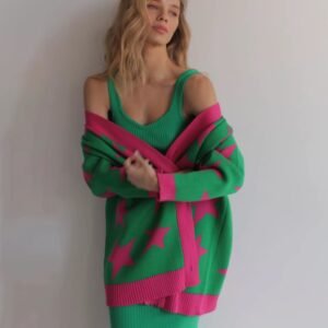 blonde woman wearing colorful stars cardigan and a green top