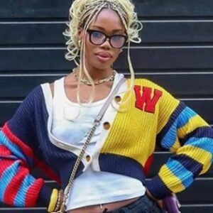 woman wearing colorful streetwear cardigan and a white top