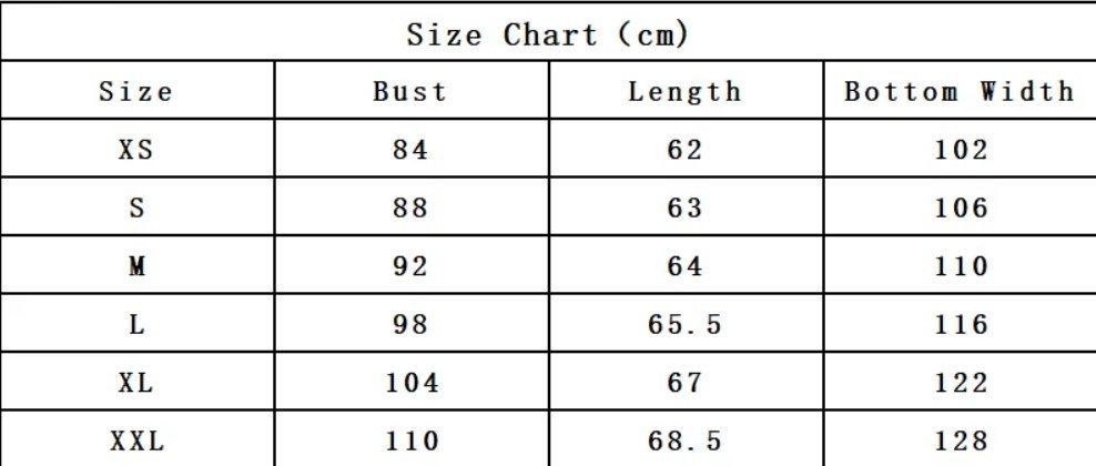 size chart of colorful summer blouse 