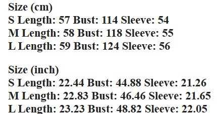 size chart of colorful tiger print sweater including measurements in centimeters and inches 