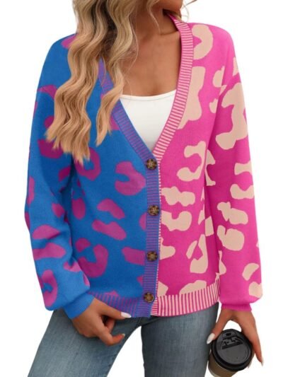 woman wearing colorful two-sided cardigan and holding a cup of coffee