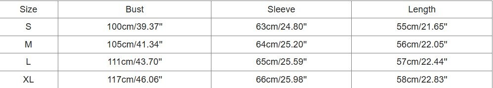 size chart of colorful two-sided cardigan