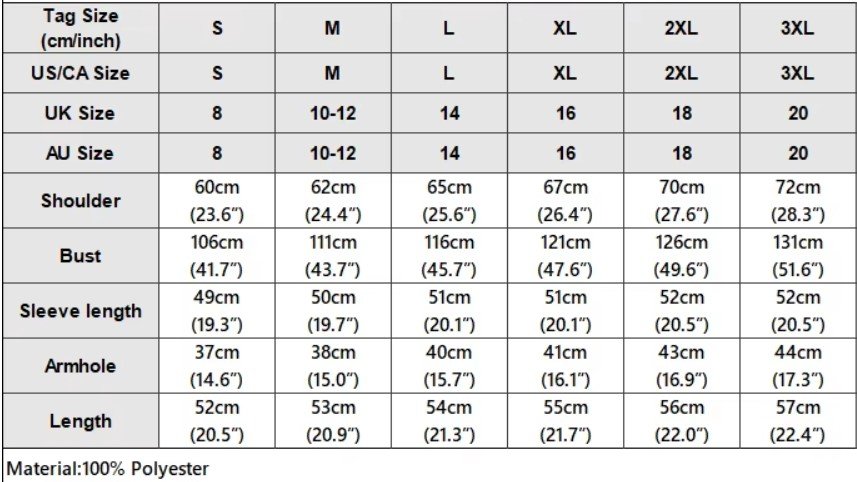 size chart of colorful zebra sweater