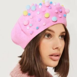 woman with brown hair wearing cute colorful beret