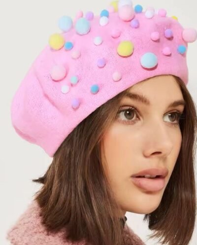 woman with brown hair wearing cute colorful beret