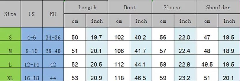 size chart of cute colorful cardigan