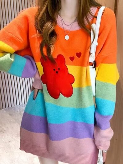 woman wearing cute colorful sweater and a white bag