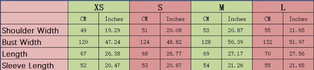 size chart of elegant colorful blouse