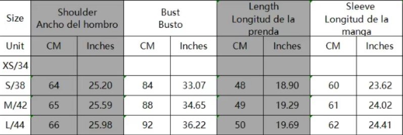 size chart of elegant colorful cardigan