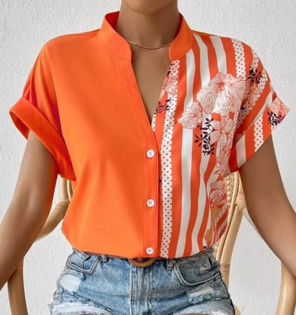 woman wearing floral colorful blouse