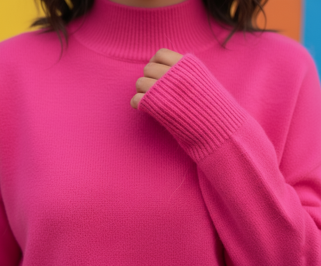 material of fuchsia sweater zoomed in