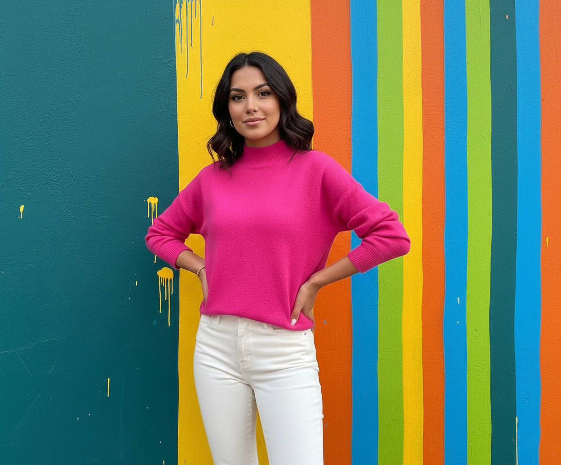 woman with short brown hair wearing fuchsia sweater and white pants, colorful wall with stripes in the background