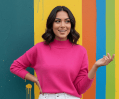 woman with short brown hair wearing fuchsia sweater and white pants, colorful wall with stripes in the background, she is lifting one hand up