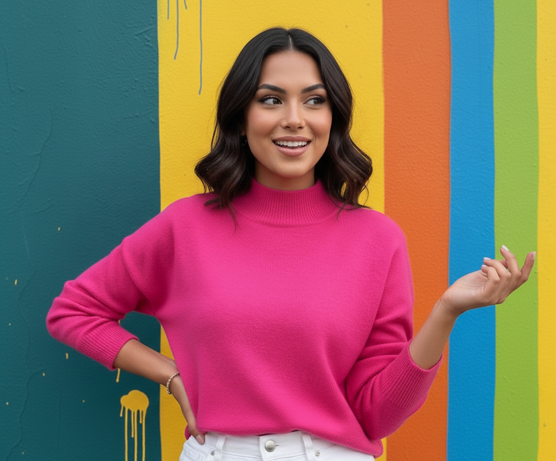 woman with short brown hair wearing fuchsia sweater and white pants, colorful wall with stripes in the background, she is lifting one hand up