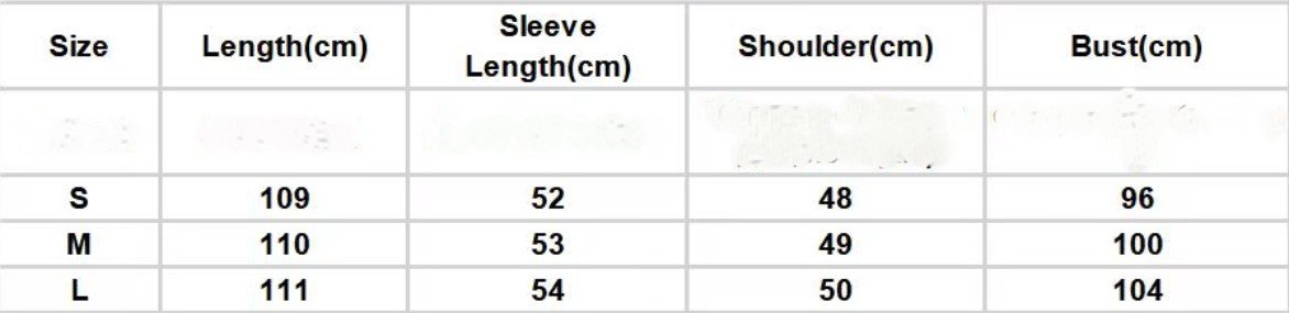 size chart of long colorful cardigan