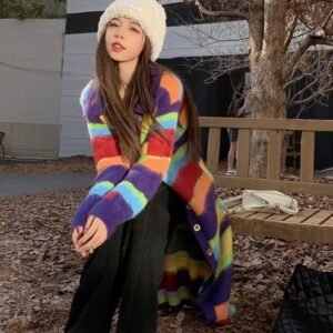 woman wearing long colorful cardigan and white winter hat