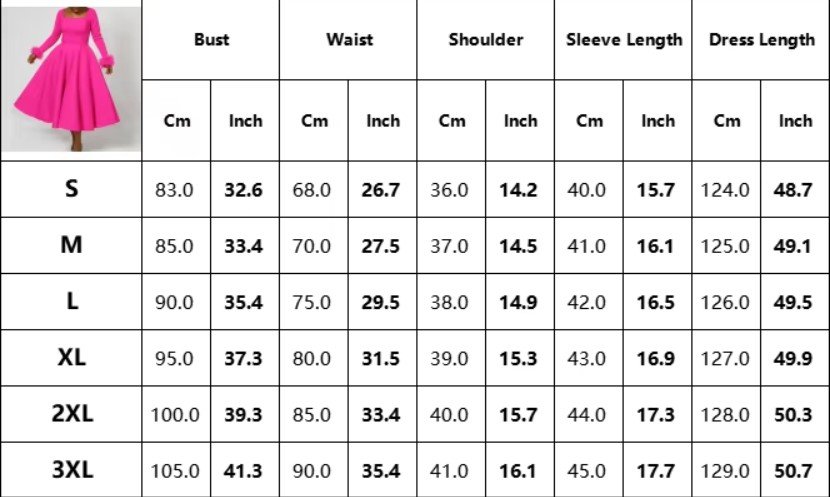 long-sleeved colorful dress size chart