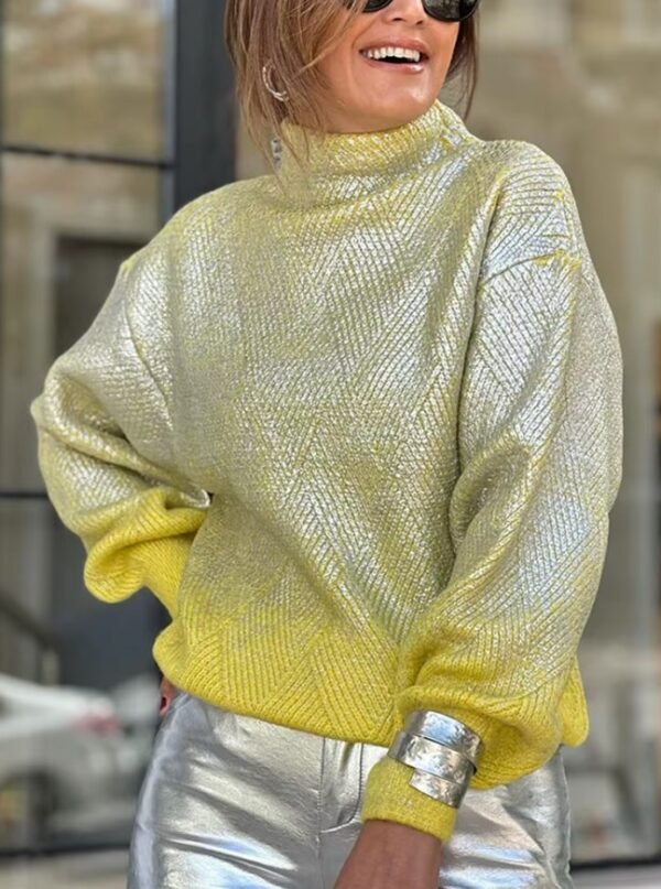 woman wearing metallic colorful sweater, silver jeans and a silver bracelet