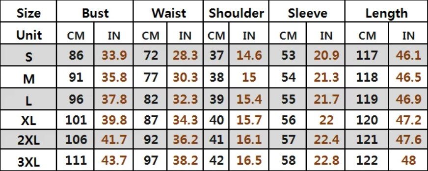 modest colorful dress size chart