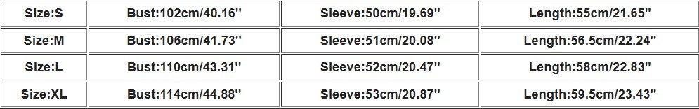 size chart of multicolor cardigan