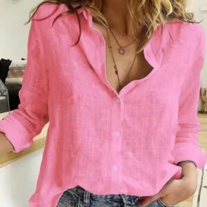 woman wearing pink colorful linen blouse