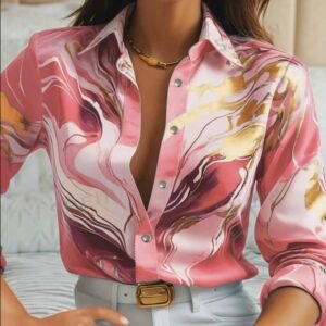 woman wearing pink colorful pattern blouse and white jeans