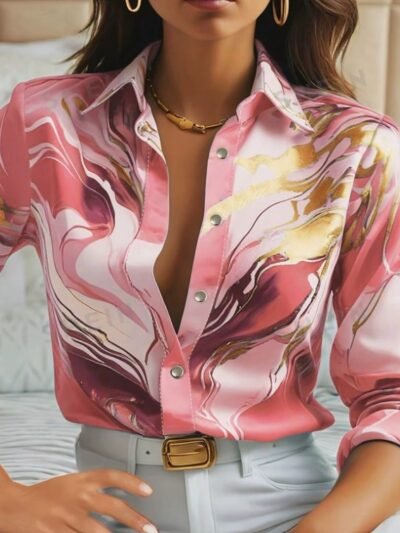 woman wearing pink colorful pattern blouse and white jeans