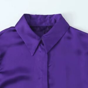 the collar of the purple blouse