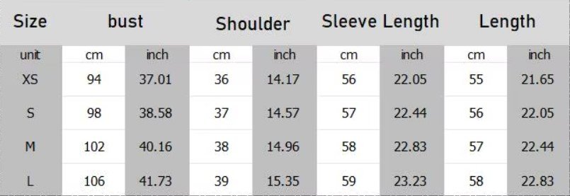 size chart of the purple blouse 