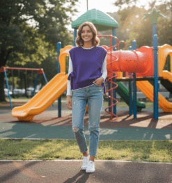 woman wearing purple colorful sleeveless sweater and jeans on a playground