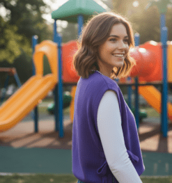 woman turned to her side wearing purple colorful sleeveless sweater over a white top