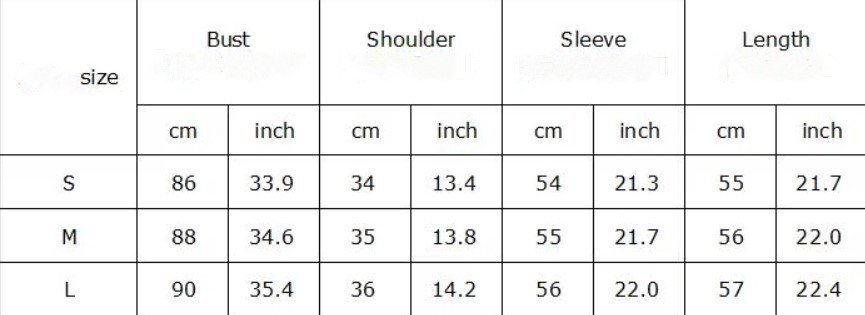 size chart of rainbow sweater