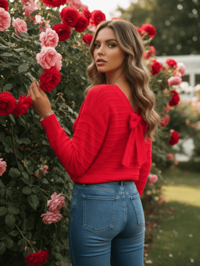 woman with dark blonde hair wearing red sweater and jeans, touching a rose on a bush