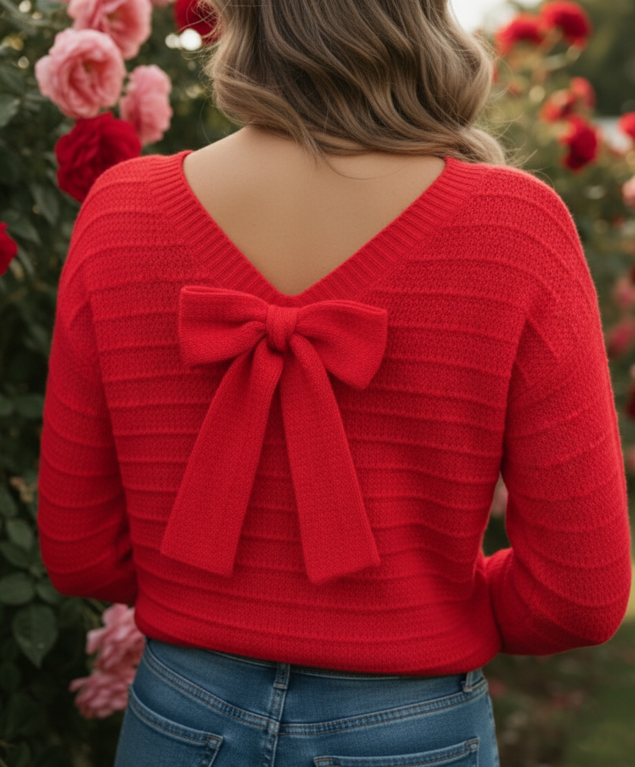 back view of red sweater with a cute bow on a model