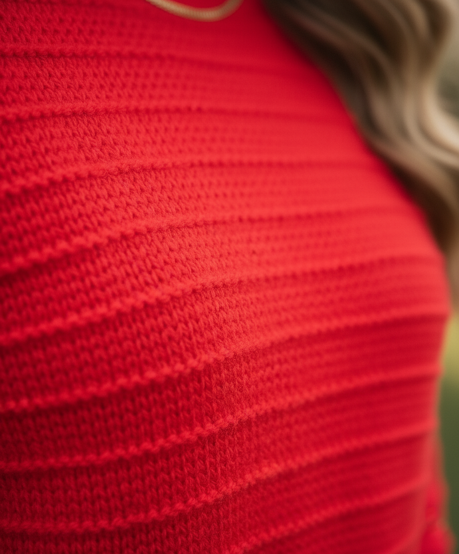 zoomed in fabric of red sweater showcasing its texture