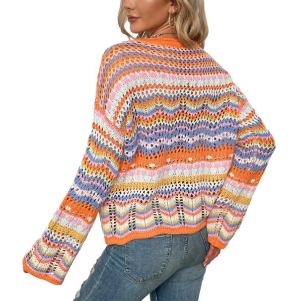 woman turned to her back wearing retro colorful sweater