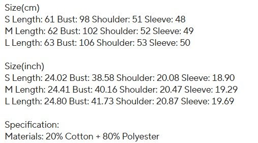 size chart of romantic colorful sweater