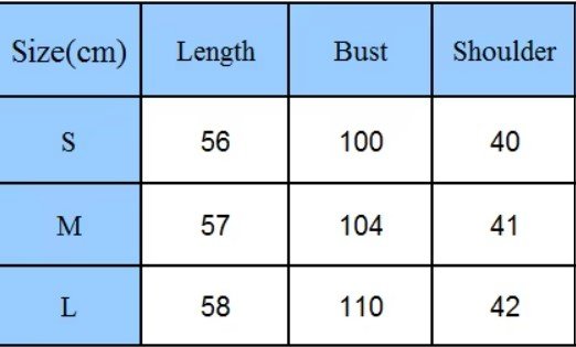 size chart of short-sleeved colorful sweater