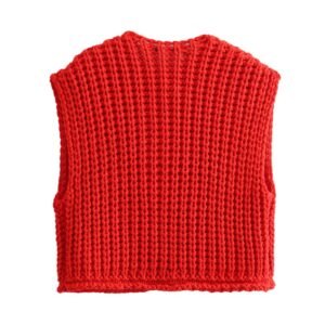 back view of red sleeveless cardigan on the white background