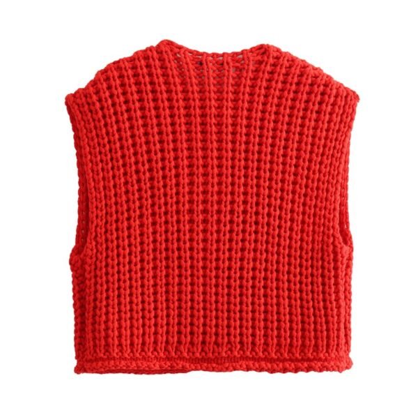 back view of red sleeveless cardigan on the white background