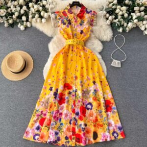 spring colorful dress on a grey carpet, a beige hat and a silver purse next to it, white flowers in the upper corners