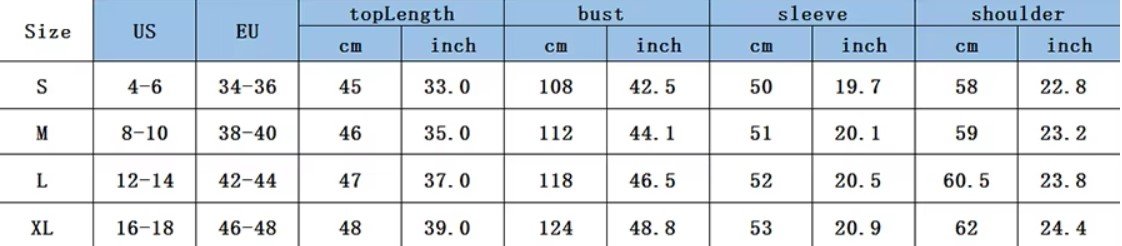 size chart of sweet colorful cardigan