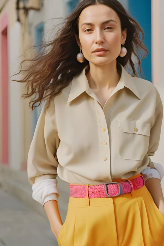 woman wearing bright clothes - yellow pants, pink belt and neutral blouse and 