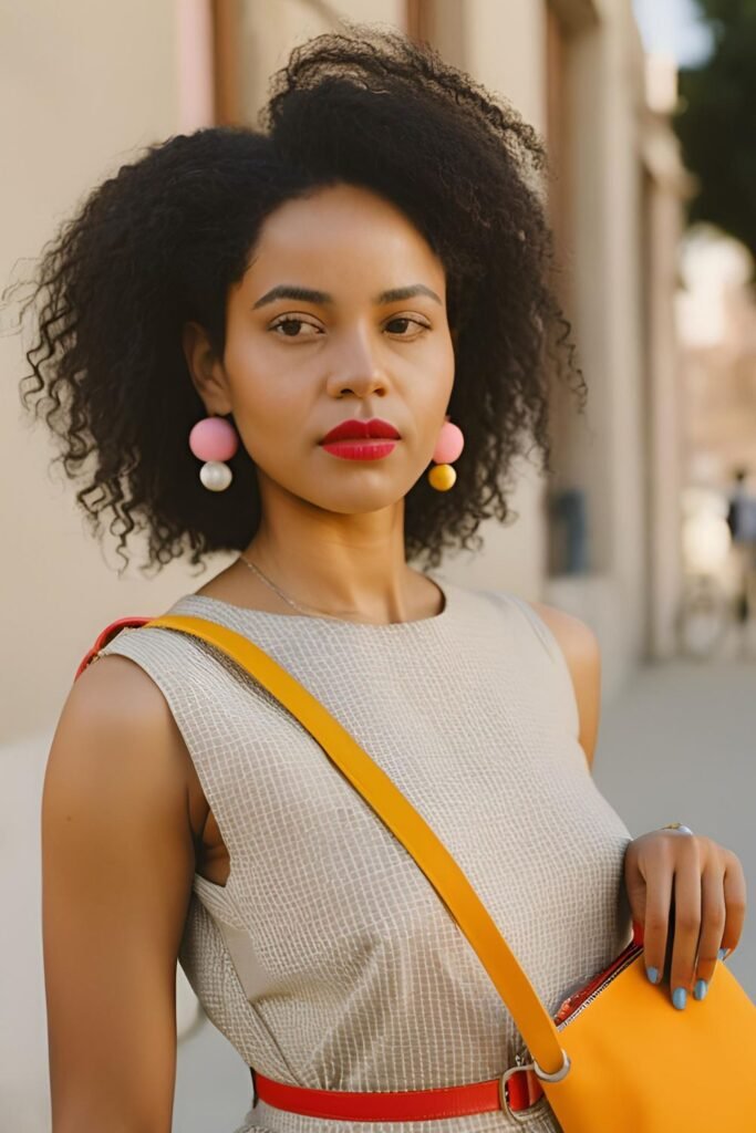 woman wearing a simple dress and accessories in bright colors