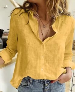 woman wearing yellow colorful linen blouse