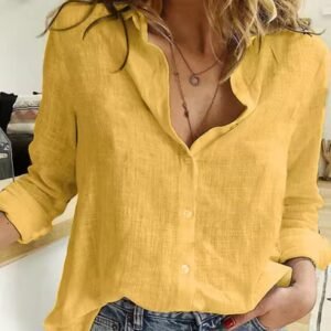 woman wearing yellow colorful linen blouse