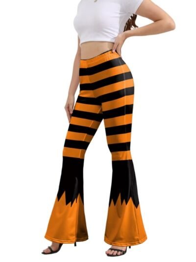 woman wearing Halloween pants and a white top, white background